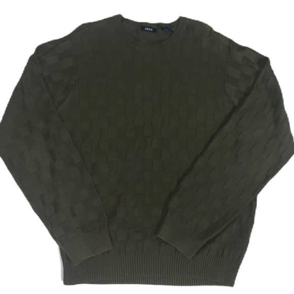 IZOD Men’s Crew Neck Olive Green Check Knit Sweater Size L - Picture 9 of 11